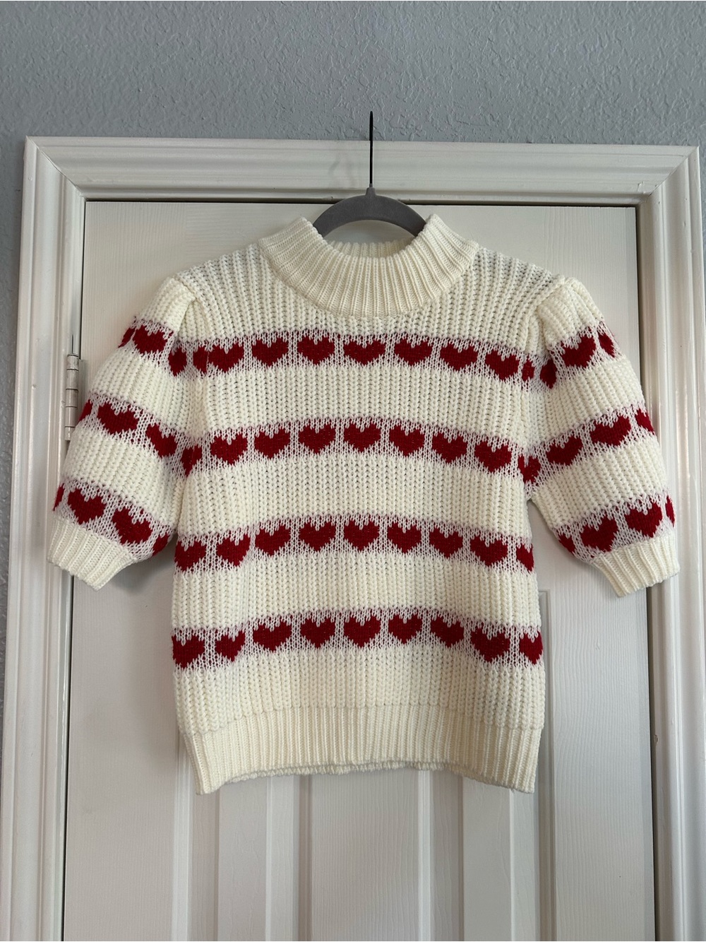 English Factory Cream and Red Heart-Stripe Women's Knit Sweater